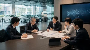 愛知の自動車販売グループの非公開化と販売会社再編を示すショールームと資料のMBO事例イメージ