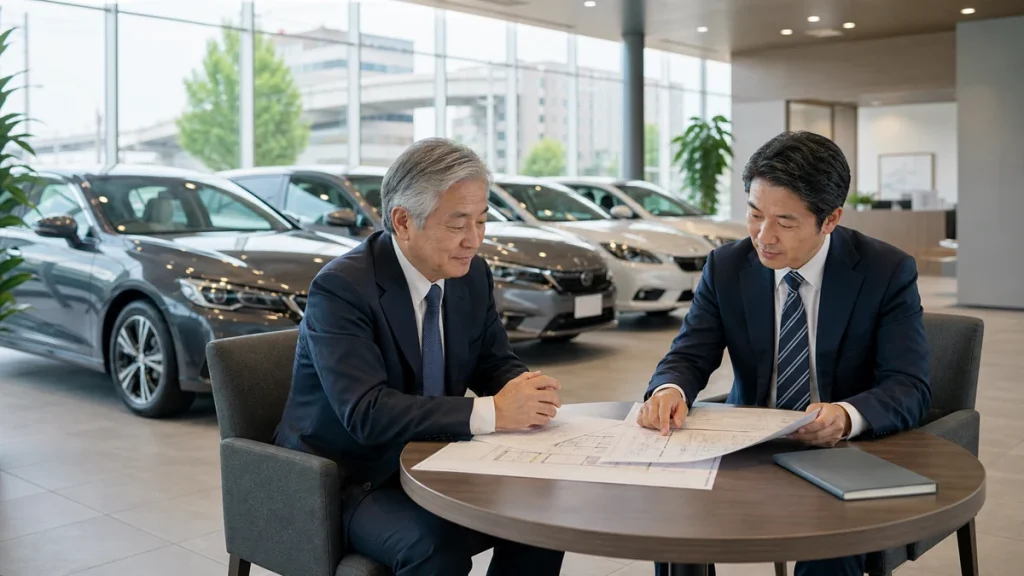 自動車販売会社のショールームと整備工場を背景にM&A資料を確認する経営者の実務イメージ