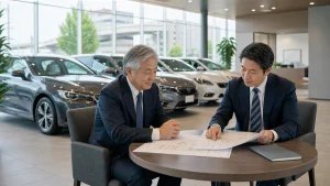自動車販売会社のショールームと整備工場を背景にM&A資料を確認する経営者の実務イメージ